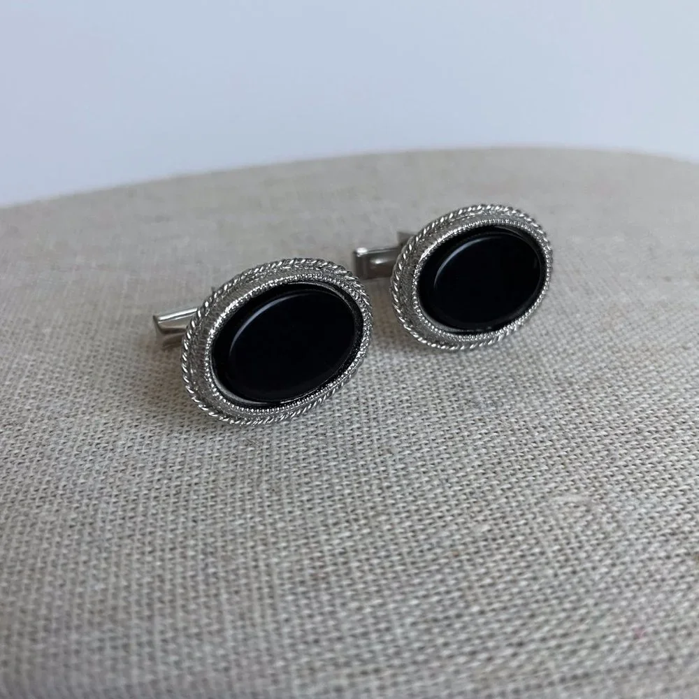 Vintage Classic Silver Black Tone Oval Cuff Links